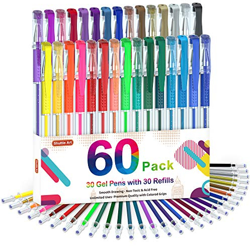 Shuttle Art 60 Stück Gelstifte Set, 30 bunte Gel Stifte mit 30 Ersatzminen, Glitzer, Neon, Metallic Stifte für Erwachsene Malbuch, Glitzerstifte für Kinder mädchen, Gelschreiber zum Schreiben Bemalen