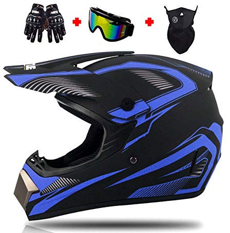 LEENP Casco de Motocross Niños Niñas Casco de Cross de Moto Set con Gafas Máscara Guantes, Moto Sport Off-Road Enduro Downhill Casco Integral ATV MTB BMX Quad Cascos de Motocicleta,Black*Blue,M