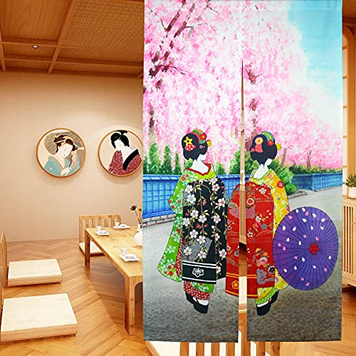 LIGICKY Japanische Gardinen Noren Lang Vorhänge Türvorhang Tapisseri für die Heimtextilien Raumteiler (Kyoto Geisha Girls in Kimonos und Kirschblüte, 85 x 150 cm)