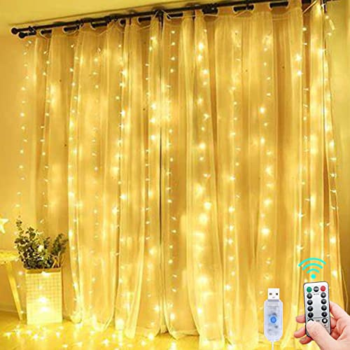 XVZ LED Lichterketten Lichtervorhang, 3m x 3m USB Lichtervorhang Innen, 8 Modi mit Fernbedienung Timer für Schlafzimmer, Wand, Vorhang, Weihnachten, Partydekoration(Warmweiß)