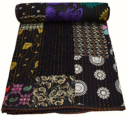 Yuvancrafts Indian Handmade Assorted Patchwork Kantha Quilt Queen Size Cotton Embroidery Quilts Bedspread Throw Blanket Vintage Quilt Bed Cover (Black)