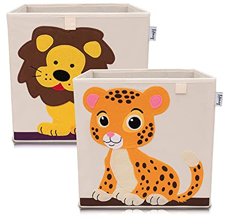 LIFENEY Aufbewahrungsbox im 2er Set Löwe und Tiger I Doppelpack Spielzeugbox mit Tiermotiv passend für Würfelregale I Ordnungsbox für das Kinderzimmer I Aufbewahrungskorb Kinder