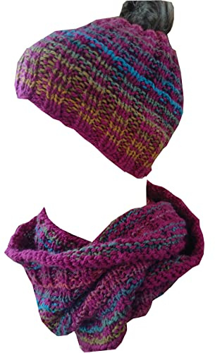 SET Schal + Mütze, Wollschal Loop handgestrickt Schlauchschal Loopschal Rundschal Schlauchtuch gestrickt