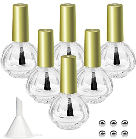 Agidea 6PCS 10ML Empty Glass Nail Polish Bottles, Gold Top, Pumpkin Shape, Reusable, Leak Resistant, BPA Free, Perfect for Nail Art, DIY Projects, Laboratory Use, Comes with Funnel & Mixing Balls