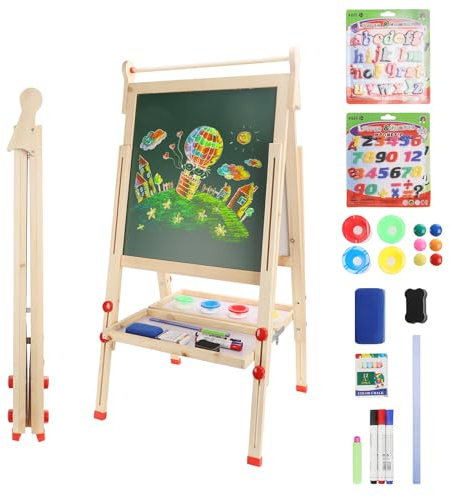 Dripex Kids Easel, Children's Wooden Art Easel Foldable, Double-Sided Magnetic Blackboard & Whiteboard for Kids and Toddlers, Chalkboard with Painting Art Supplies