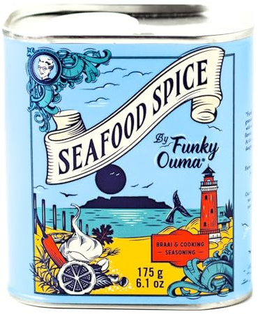 Funky Ouma Seafood Spice 175 g – Assaisonnement tout usage sud-africain dans une boîte recyclable pour hommes, femmes, papas et gourmets – Sel braai aux fruits de mer aromatisés naturels, épices et