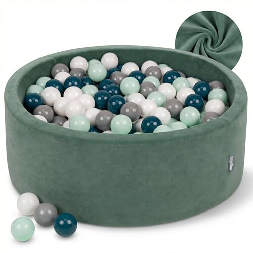 KiddyMoon Velours Bällebad Rund für Babys 90x30 mit 200 Bälle 7cm Ballgruben Sensorik Spielzeug Waldgrün - Dunkeltürkis Grau Weiß Minze