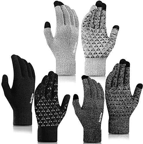 Nertpow Winter Gloves 3 Packs, Men & Women's Knit Anti-slip Gloves with Warm Fleece Lined (Black, White, Soft Gray, White-M)