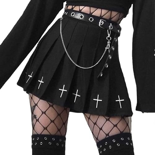 Gotisk kort kjol med hög midja, A-linje, med kedja, gotisk, punk, flare, skater, älvgrunge, minikjolar, Svart, M