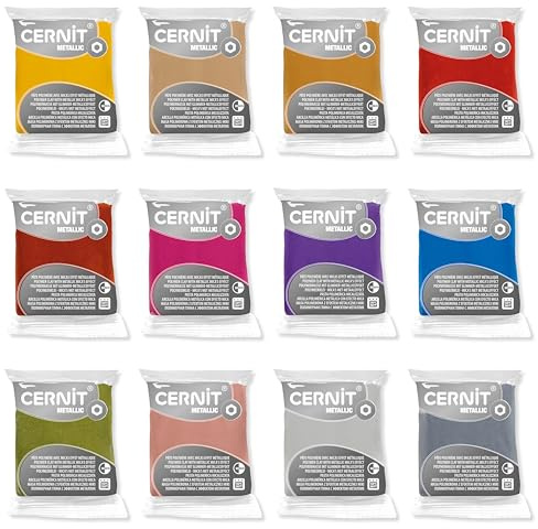 CERNIT CE0870012K01C - Set 12 Blöcke Modelliermasse (Polymer) METALLIC, ofenhärtend sofort gebrauchsfähig, 12x56g, für DIY Schmuck Figuren für Einsteiger und Hobbykünstler, farbig sortiert 1 Set
