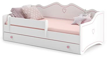 KOBI Cama Infantil Emma | 160 x 80 cm | Con Barrera, Colchón y Cajón de Almacenamiento | Para Niños y Niñas | Blanco Gris Rosa