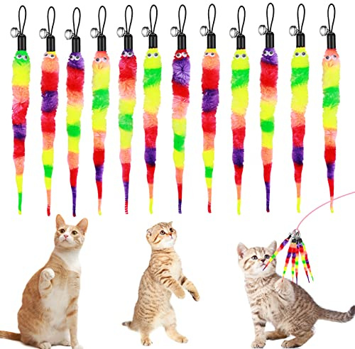 Cobee Katzenspielzeug Würmer, 12 Stück Katzen Regenbogen Wurm Spielzeug Nachfüllungen lustig interaktiv bunt flauschig mit Glöckchen Katzen Verfolger Spielzeug Kätzchen Zauberstab Ersatzspielzeug