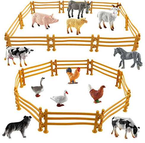 32 Stück Mini Bauernhof Tierfiguren Spielzeug Set,Realistisches Spielzeug Zaun,Kunststoff Bauernhof Farm für Scheune Stall Nutztier,Kuchendeckel Pädagogische Lernspielzeug Miniatur Deko Zur 15 Jahren