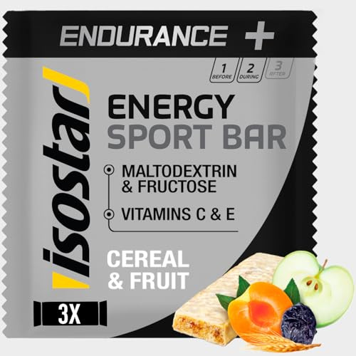 Isostar Barres Energy Sport Céréales & Multi-Fruits – Barre Énergétique Céréales, 29g Glucides, Trail Marathon Vélo Endurance, Source Vitamines B1, B2, B6, C, E, Texture Facile À Mâcher, 3x40g, 120g.
