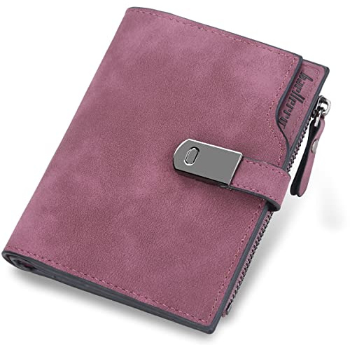 HNOOM Damen Geldbeutel PU Leder Portemonnaie Klein und im Kurzformat Mit Vielen Fächern - Mini Portmonee 16 Kartenfächer und Münzfach (Lila-S)