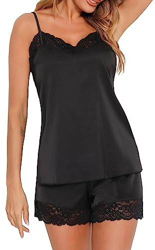 Heersan Pijama Mujer Verano Encaje Conjunto de Pijama para Mujer Satén con Tirantes Ajustables y Ropa de Dormir Sexy V Cuello Ropa de Dormir Camisola y Cortos Set
