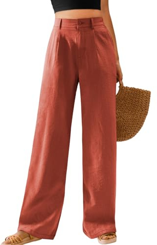 Feiersi Womens Casual Wide Leg Pants High Waisted Button Down Straight Long Trousers Palazzo Pants(Rose Red,Medium)