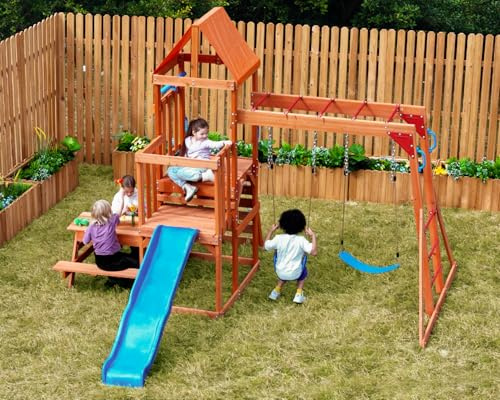 Dolphin Playground Cedar Wooden Swing Sets for Backyard, Outdoor Playset for Kids with Monkey Bar, 2 in 1 Outdoor Table, Wave Slide, Climbing Wall, and 2 Belt Swings, Playground Sets for Backyards