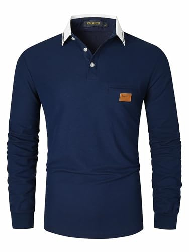 VMSUCIJ Poloshirt Herren Langarm,100% Baumwolle,atmungsaktiv und hautfreundlich,Slim Fit Golf Sports,Sportliches und Bequemes T-Shirt M-3XL,Blau 40,L