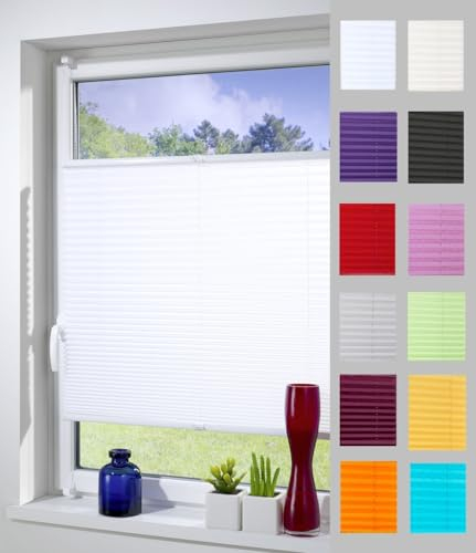 DécoProfi Plissee ohne Bohren Weiß 105cm x 130cm (max. Gesamthöhe Fensterflügel) I Verspannte Plissees nach Maß mit Klemmträger/Klemmfix I Blickdichte Innenrahmen-Plissees zum Klemmen