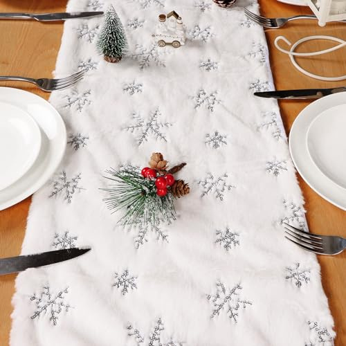 COLOFALLA 30 x 120cm Tischläufer Schneeflocken Tischläufer Weihnachten Weihnachtstischläufer Fell Kunstfell Weiß Schneeflocken Tischband Winter Weihnachten Tischdecke Winter Weihnachtsdeko Hochzeit
