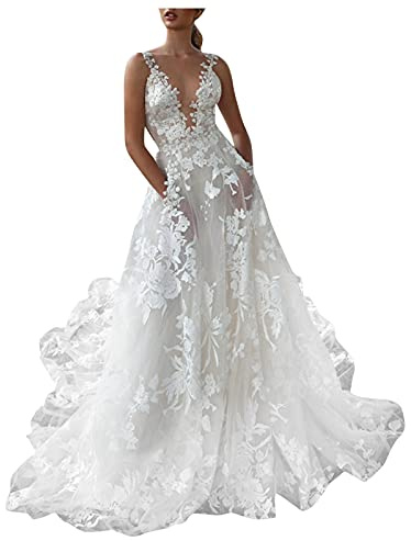 Brautkleider Hochzeitskleider A Linie Damen Tiefes V-Ausschnitt Lang Weiß Brautkleider Elegant Spitze Brautmode Rückenfrei Abiball Prinzessin Kleider Abendkleider Hochzeit Cocktailkleider Bodenlang