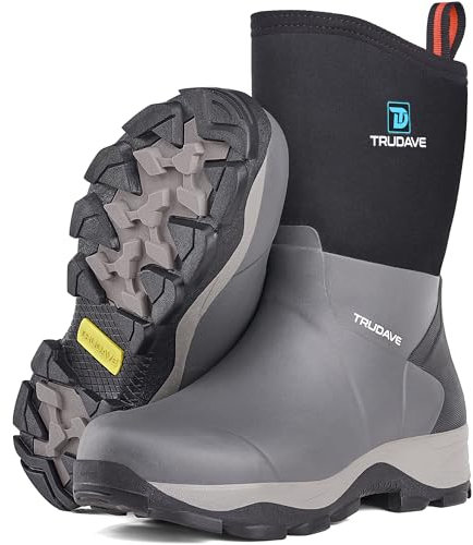 Trudave Rubber Rain Boots for Women, Neoprene Insulated Mud Work Boots, Anti-slip Breathable Mid-calf Womens Waterproof Boots for Garden, Water Fishing, Black, Size 8