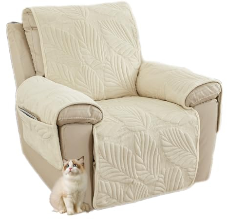 HonunG Sesselschoner mit Taschen, Plüsch Couchbezug,Rutschfester Sofa-Schonbezug, Relaxsessel Sesselauflage Relax,1 Sitzer Sesselauflage für Zuhause mit Kindern und Haustieren (Beige)