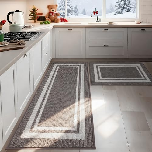 COSY HOMEER 2-Piece Nonslip Kitchen Runner Rug Set, 51x76cm+51x122cm, Absorbent and Machine Washable Kitchen Floor Mats, 100% Polypropylene Carpet Runners for Anti Water Splashes, Brown