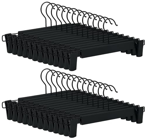 Tekenewbse 20 Pezzi Grucce per Pantaloni, Gruccia Pantaloni Appendino Stampelle con 2 Clip Regolabili Antiscivolocon Ganci Girevoli 360° per Gonne Pantaloni e Camicie (Nero)