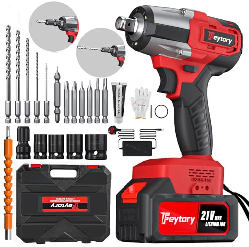 Llave de Impacto Inalámbrica, Brushless 1/2 550N.m Llave de Impacto Eléctrica con 4 Enchufes, 12 Puntas de Destornillador, Batería 4.0Ah y Caja de Transporte para Coches Camiones