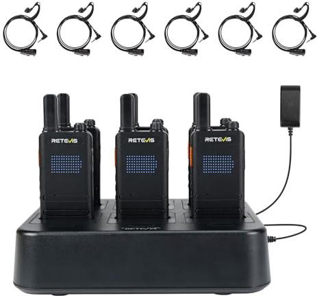 Retevis B63H Walkie Talkie, Walkie Talkie Profesional con Auriculares, Cargador de 6 Puertos, 15mm Ultrafino, 1620mAh, PMR446, VOX, Radio Walkie Talkie de Moda para Escuela, Hotel (6 Piezas, Negro)