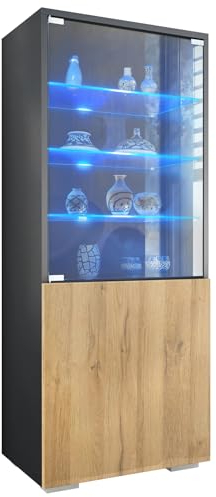 Vitrine Granada, Made in Germany, Vitrinenschrank mit Glastür und Glaseinsatz inkl. LED, Anthrazit matt/Eiche Natur (50 x 122,5 x 34,5 cm)
