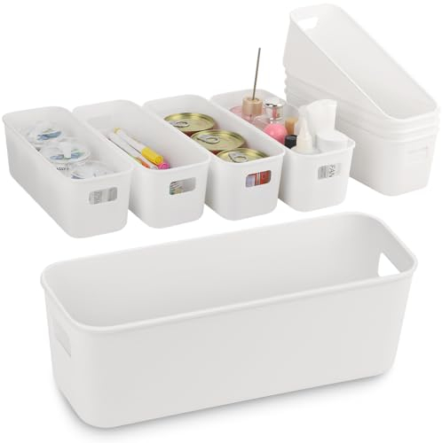 imatenn 8 pack Narrow Storage Box, Plastic Storage Baskets for Shelves, Slim Kitchen Cupboard Organiser Storage Boxes for Bathroom Cabinet, Drawers, Desktop Organisation, 10 cm Wide Rectangle,White