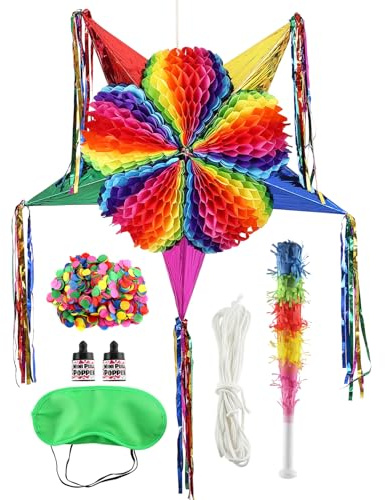 Large Star Piñata Set (32 inches) Authentic Handmade Colorful Foldable Piñata Suitable for Birthday Party Fiesta Anniversary and Cinco De Mayo Festive Mexican Rainbow Piñata Decoration for Kids Girls