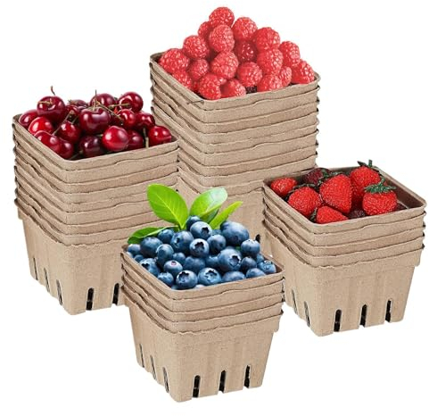 Produce Baskets Farmers Market, Beerenkorb aus NaturzellstofffaseWiederverwendbarer Zellstofffaserkorb 30 Stück | Stapelbare Beerenkörbe für Partys, Obstkartons aus Pappe, Bauernmarktzubehör für den L