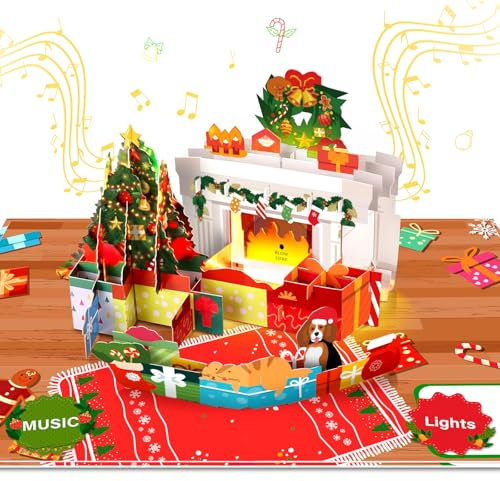 FITMITE Karte Weihnachten mit Musik und Licht 3D Pop Up Kamin-Weihnachtskarte Ausblasbare Flamme mit Umschlag für Kinder Mädchen Frauen Mann Weihnachten Geschenk