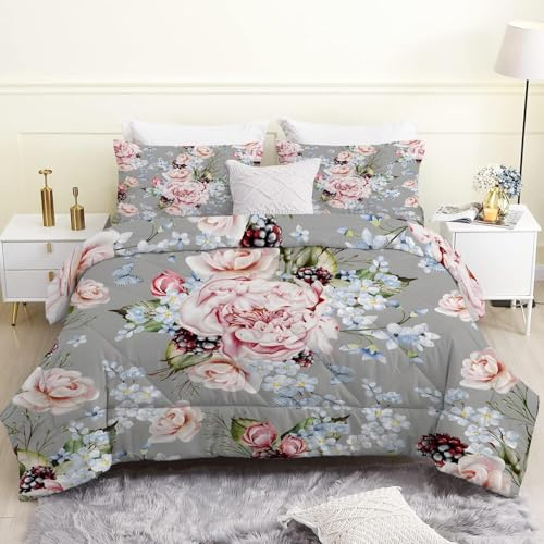 Piumino Letto Matrimoniale 4 Stagioni 220x240 cm, Floreale Rosa Reversibile Piumone Leggero 240x220 cm, Grigio Coperta Trapunta in Microfibra con 2 Federe, Lavabile in Lavatric