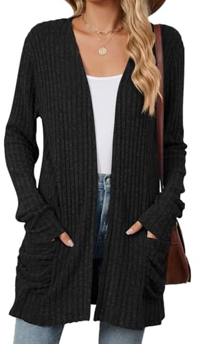 Famulily Women's Long Sleeve V-Neck Ribbed Cardigans with Pockets