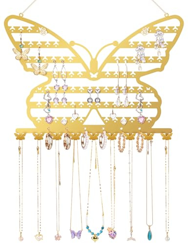 NiHome Butterfly Wall Mounted Jewelry Organizer, Decorative Metal Earring and Necklace Holder for Bedroom, Vanity, or Closet, Stylish Organizer with Easy Hanging for Fashion Lovers (Gold)