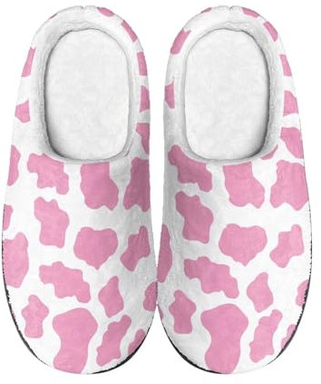 Suhoaziia Hausschuhe für drinnen und draußen, Baumwolle, für Damen und Herren, warm, rutschfest, flauschig, flach, Frottee-Schuhe, Rosa Kuhfell-Aufdruck, 46/47 EU