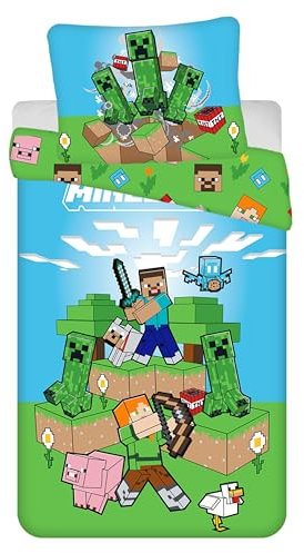 Minecraft Juego completo de ropa de cama infantil de dos caras, funda nórdica de 140 x 200 cm, funda de almohada de 70 x 90 cm, con cremallera, de algodón 100 %, certificado Öko-Tex Standard 100, para