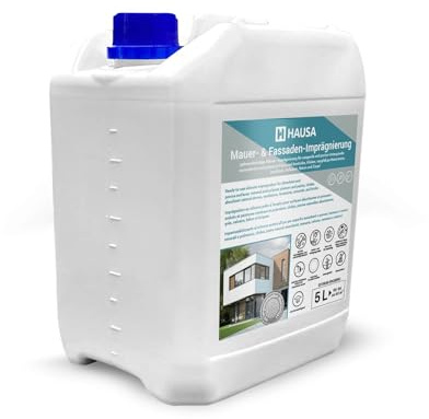 Hausa Fassadenimprägnierung 5L für 60m² dauerhafter Schutz vor Nässe Algen Grünbelag Wasserflecken, farblose Imprägnierung mit Abperleffekt für Putz Ziegel Mauer Klinker Stein, tiefenwirksam