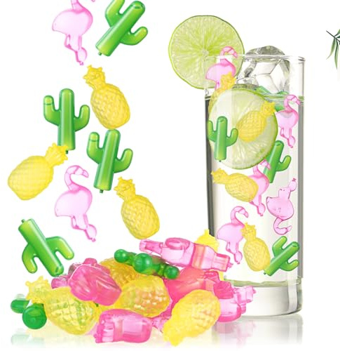 Reallnaive 100 Pcs Reusable Ice Cubes for Drinks Hawaiian Flamingo Cactus Pineapple Style Plastic Ice Cubes Refreezable Non Diluting for Coolers, Whiskey, Cocktails, Beer, Wine, Coffee Easy to Use