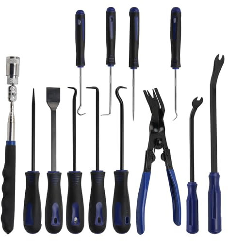 13pcs Mechanic Hook and Pick Tool Set with Auto Clip Removal Plier Rivets Puller Telescoping Magnetic Pickup Gasket Scraper Trim Tool Auto Removal Kit for Automotive Repair
