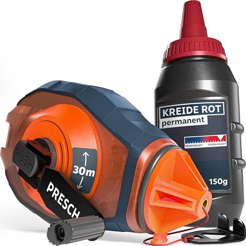 PRESCH Schlagschnur 30m inkl. roter Kreide (150g) – Schneller Rücklauf dank 6:1 Getriebe - Wasserabweisende Kreide für langlebige Markierungen – Robuste Schnur für präzise Linien