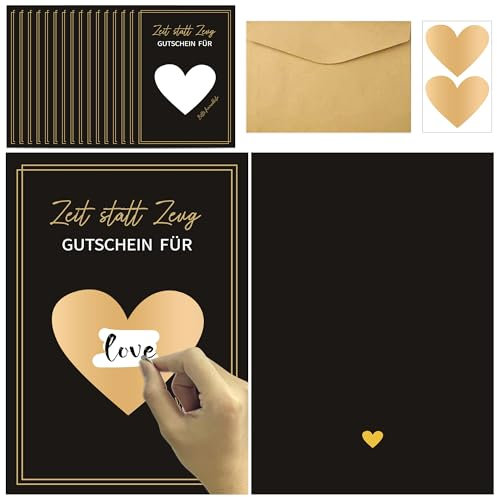 KAOTPO 16 Stück Gutschein zum Selber Ausfüllen, Gutschein Rubbelkarte mit 16 Kraftpapier Umschläge und 16 Herzförmige Rubbelkarte, Rubbelkarten zum Selber Beschriften für Geburtstag, Party, Hochzeit