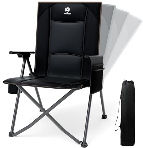EVER ADVANCED Luxury Camping Chair Folding for Adults Heavy Duty 350lbs, Garden Chair Reclining Padded with Cup Holder Side Pocket, Foldable with 4-Position Adjustable Back, Black
