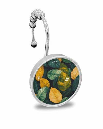 Shower Curtain Hooks Set of 12, Spring Leaf Plant Retro Green Crystal Glass Showers Curtains Rings, Bathroom Decorative Rod Stainless Steel Rust Proof Roller Hangers Hook