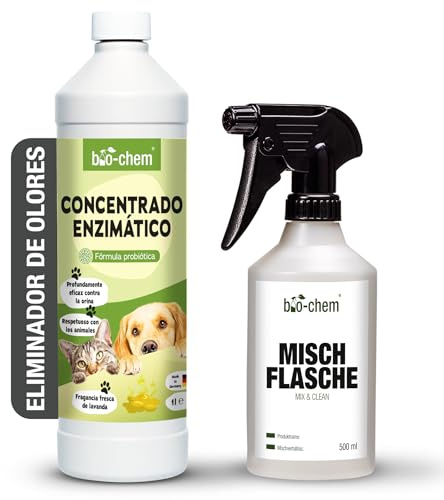bio-chem Enzymreiniger Konzentrat 1000 ML inkl. Mischflasche STARKER GERUCHSENTFERNER & FLECKENENTFERNER gegen Katzenurin & Hundeurin, Schweiß – porentief & mikrobiologisch – Made in Germany